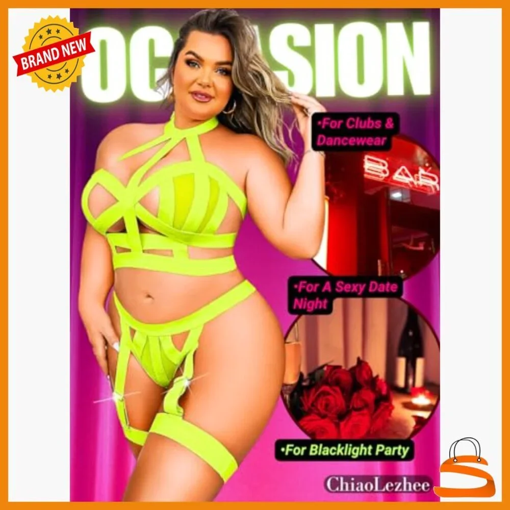Plus Size Lingerie Set Halter Bra Thong Garter Straps 3 Piece